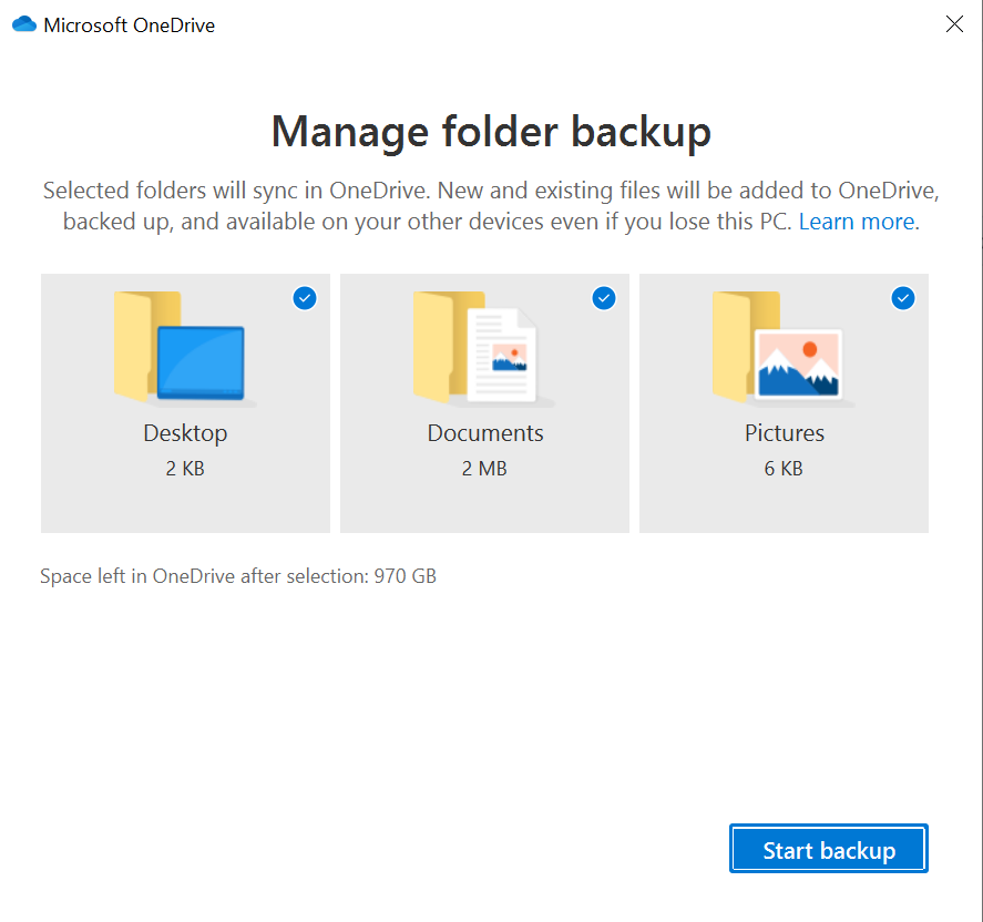 OneDrive folder sync settings