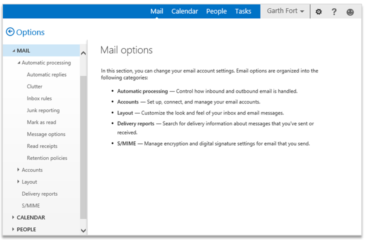 Outlook settings menu