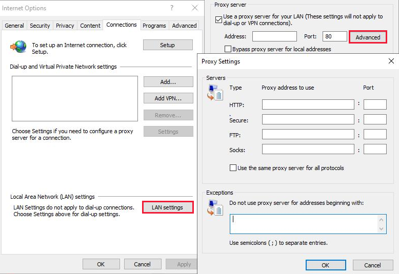 Adjusting proxy and internet settings