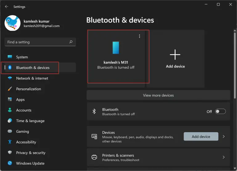Bluetooth settings menu
