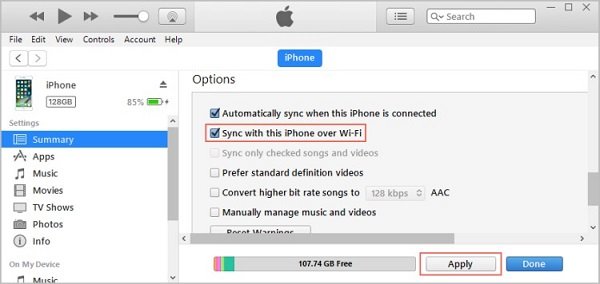 Check the box next to "Sync with this iPhone over Wi-Fi".
Click on the "Apply" or "Sync" button to save the changes.