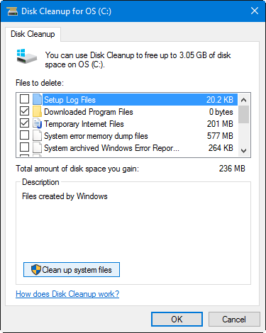 Click on "Clean up system files"
Select the files you want to delete