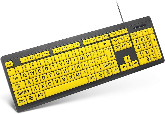 Computer keyboard with text highlighted in yellow