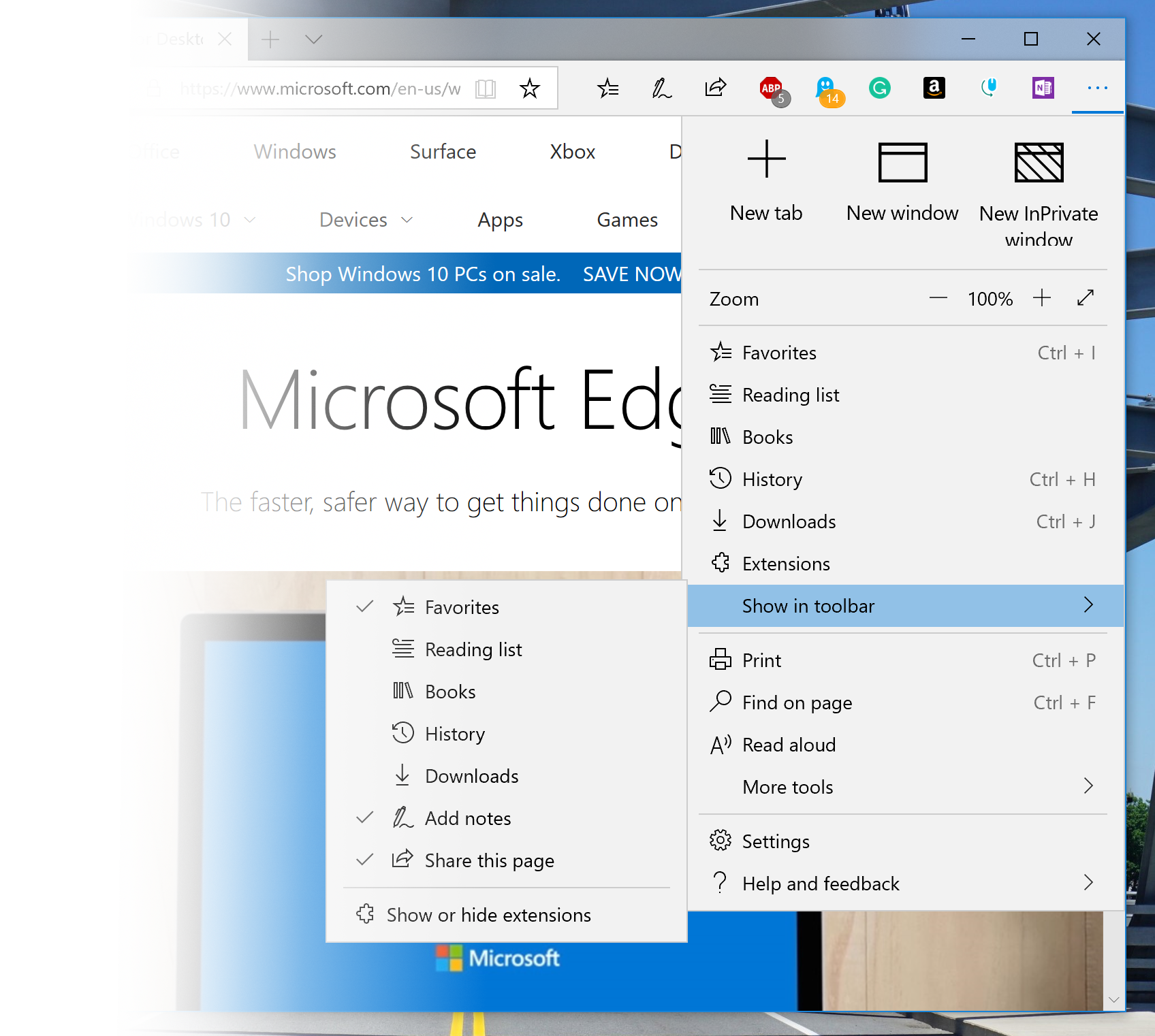 Edge browser settings menu