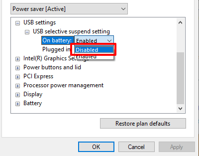 Expand the USB selective suspend setting and set it to Disabled.
Click Apply and OK to save the changes.
