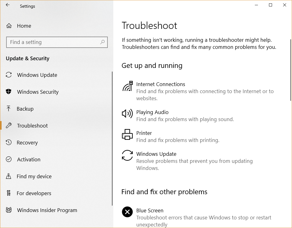 Go to Troubleshoot in the left-hand menu.
Scroll down and click on Additional troubleshooters.