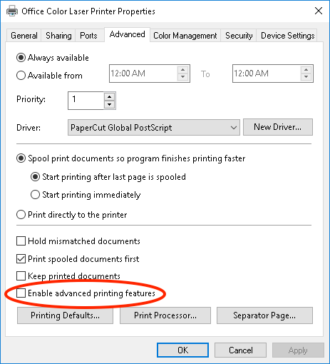 In the Printing Preferences window, navigate to the Advanced tab.
Disable the Advanced Printing Features option.