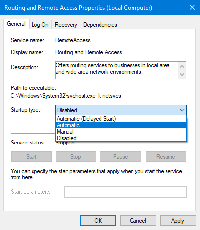 Locate the Windows Update service, right-click on it, and select Properties.
Change the Startup type to Disabled.
