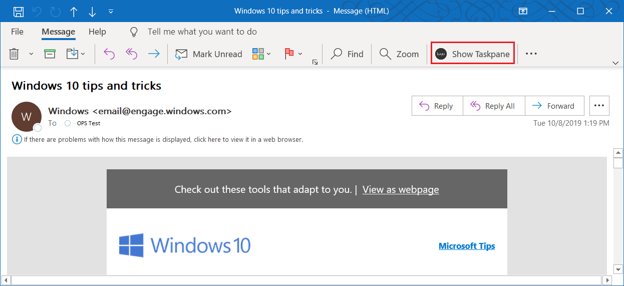Microsoft Outlook add-ins menu
