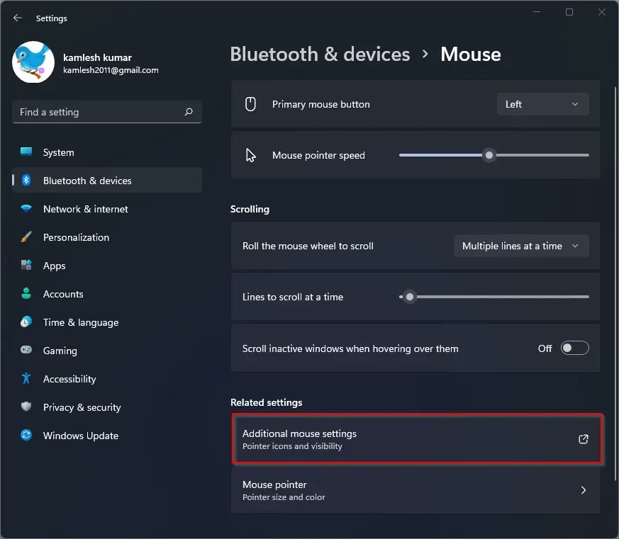 Mouse settings menu