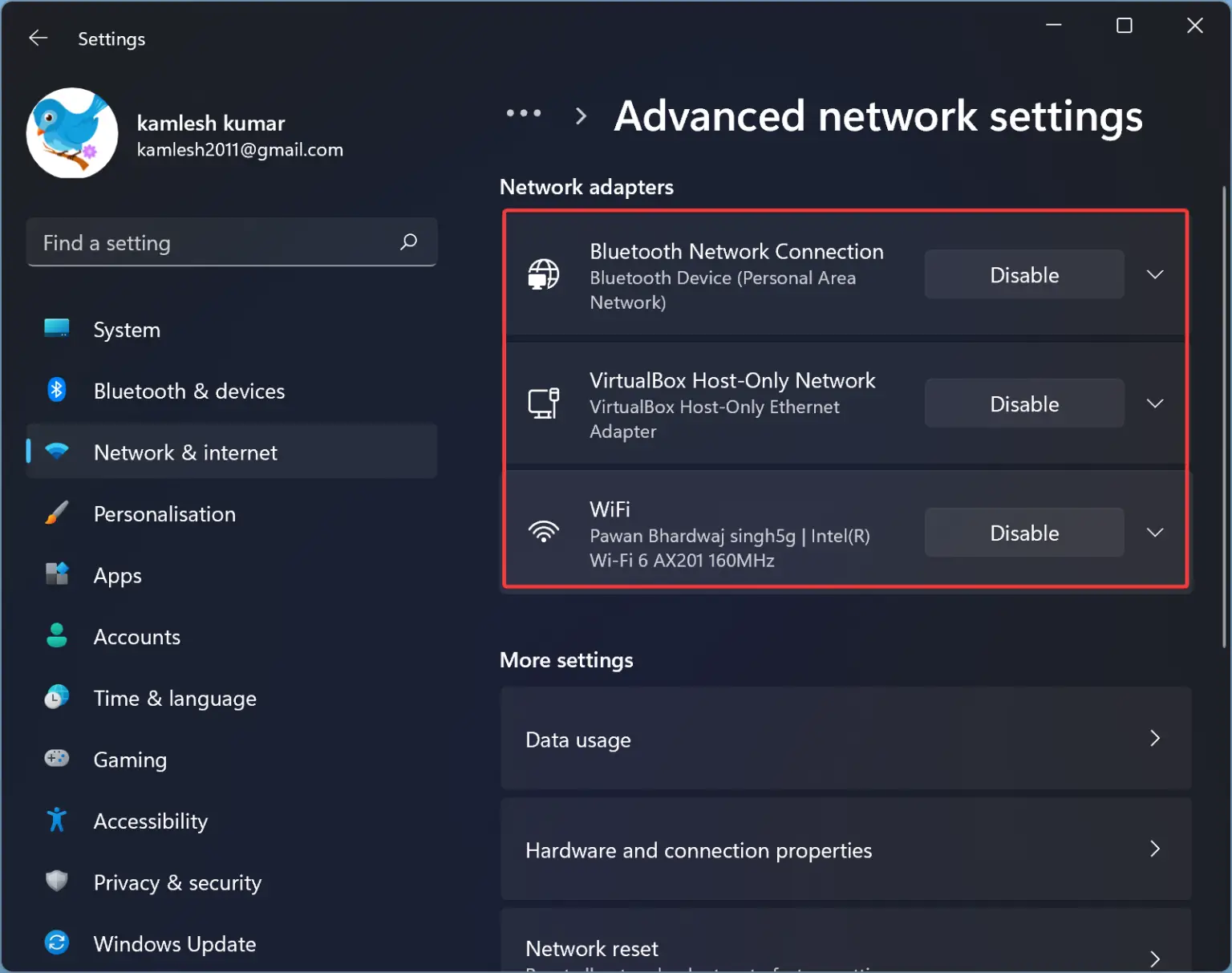 Network adapter settings menu