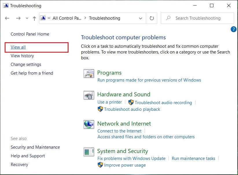 Open Control Panel and search for Troubleshooting.
Click on Troubleshooting and select Fix problems with Windows Update.