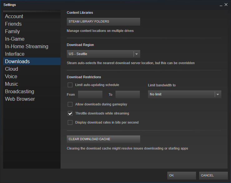 Open Steam and go to the Settings menu.
Select the Downloads tab.