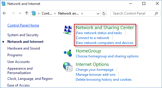 Open the Control Panel by searching for it in the Start menu.
Select Network and Internet and then click on Network and Sharing Center.