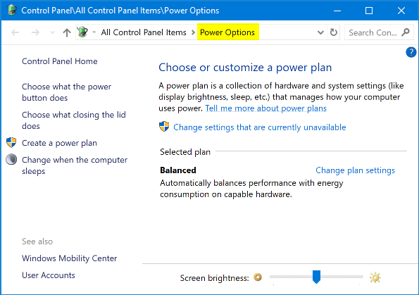 Open the Power Options menu by pressing Win + X and selecting Power Options from the menu.
Click on Change plan settings next to your selected power plan.