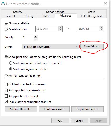 Right-click on your HP printer and select Printer properties.
In the Advanced tab, click on the Print Processor button.