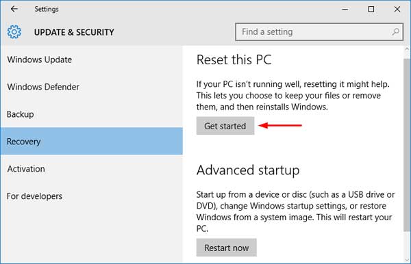 Select Recovery from the left-hand menu.
Under the Reset this PC section, click on the Get started button.