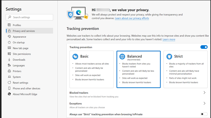 Select "Settings"
Scroll down and click on "Privacy, search, and services"