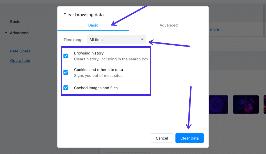Select the desired time range and check the appropriate boxes for the data you want to clear.
Click on Clear data to remove the selected browsing data.