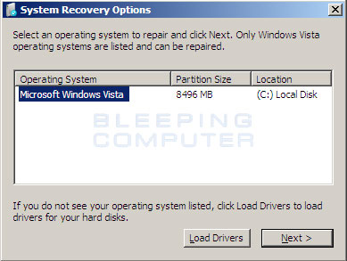 Select the operating system you want to repair and click "Next".
Choose "System Restore" from the system recovery options.