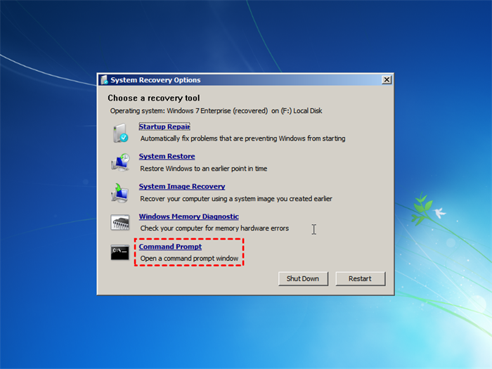 Select the operating system you want to repair and click "Next".
Choose "Command Prompt" from the system recovery options.