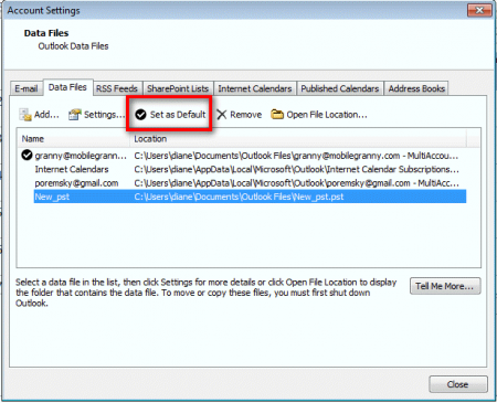 Select the Outlook Data File (.pst) associated with your email account.
Click on Settings.