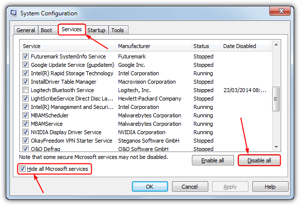 Select the Services tab and check the Hide all Microsoft services box.
Click Disable all.