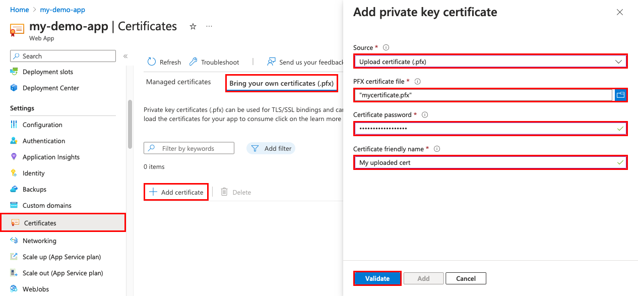 SSL certificate settings