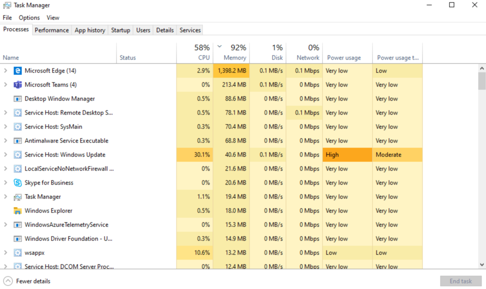 Task Manager showing high memory usage
