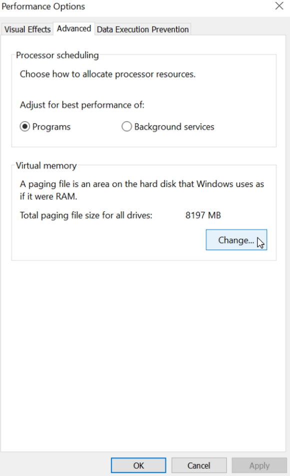 Under the Advanced tab, adjust the Memory options to optimize performance.
Consider increasing Virtual Memory settings in the System Properties of your computer.