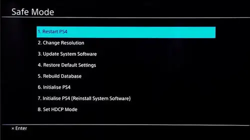 Wait for the process to complete
Select "Restart PS4" from the Safe Mode menu