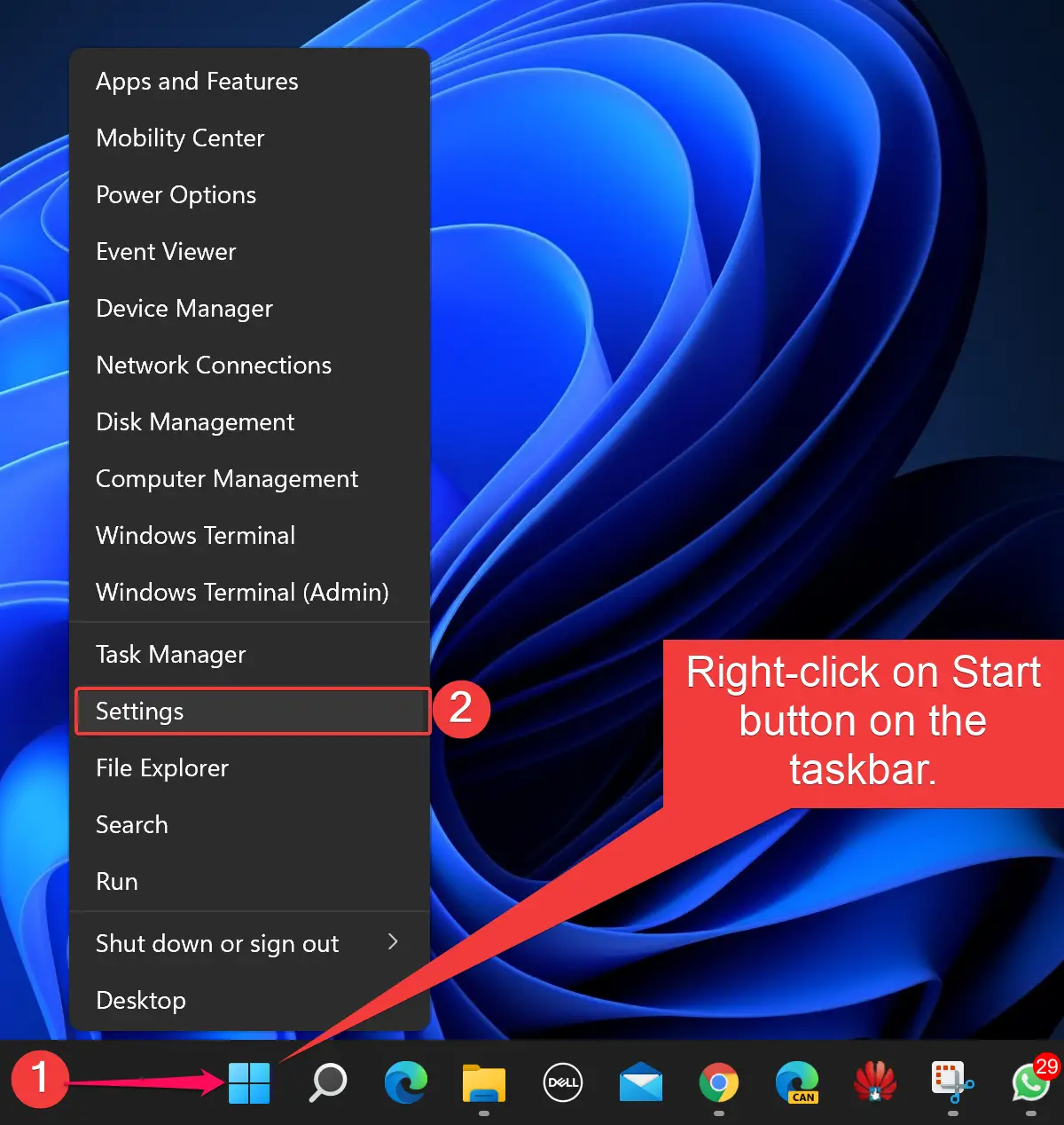 Windows system settings menu